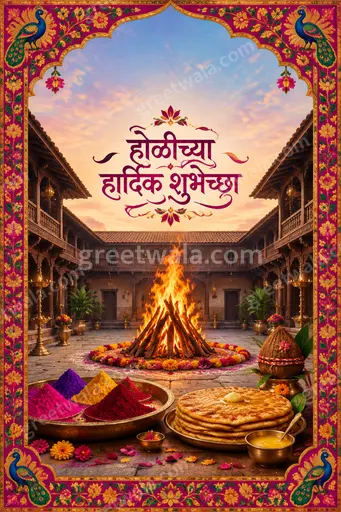 Ornate traditional Holi card in warm festive colors with marathi greeting होळीच्या हार्दिक शुभेच्छा, joyful and vibrant celebration mood.