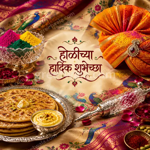 Vibrant premium Holi showcase card in festive colors featuring joyful gulal splashes, elegant Marathi typography wishing heartfelt celebration.