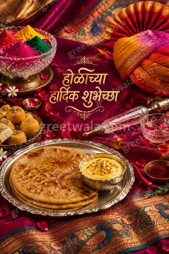 Premium Holi showcase card displaying 'होळीच्या हार्दिक शुभेच्छा' with vibrant colors, joyful festive splashes and elegant celebratory charm.
