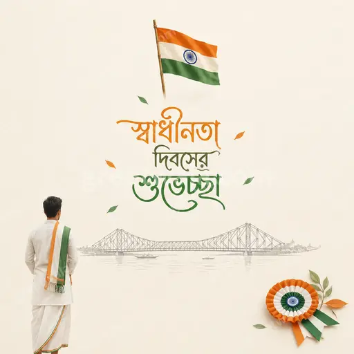Elegant minimal Independence Day card with soft tricolor accents and graceful Bengali স্বাধীনতা দিবসের শুভেচ্ছা typography.