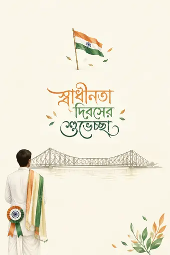 Elegant minimal Bengali Independence Day card displaying 'স্বাধীনতা দিবসের শুভেচ্ছা' with serene tricolor grace and dignified pride.