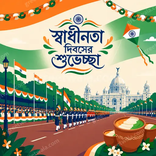 Modern flat vector Independence Day card displaying স্বাধীনতা দিবসের শুভেচ্ছা with vibrant patriotic joyful festive elegant style.