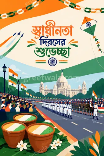 Modern flat vector card with festive tricolor accents and joyful patriotic mood displaying Bengali Independence Day wishes.