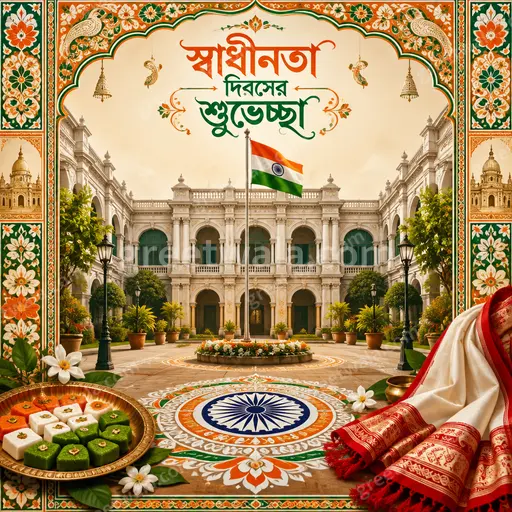 Ornate traditional Independence Day card in warm patriotic tones displaying স্বাধীনতা দিবসের শুভেচ্ছা with elegant festive detailing.