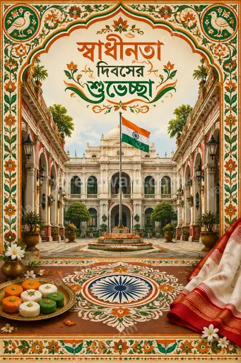 Ornate traditional Independence Day card with glowing Bengali lettering, rich tricolor motifs, proud festive evergreen elegance.