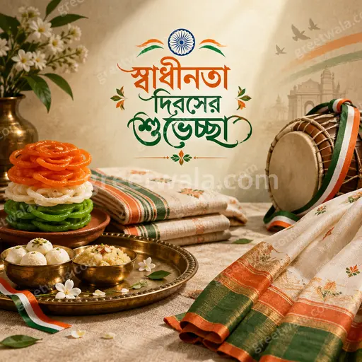 Premium Independence Day card with tricolor glow, elegant Bengali typography wishing স্বাধীনতা দিবসের শুভেচ্ছা in patriotic grandeur.