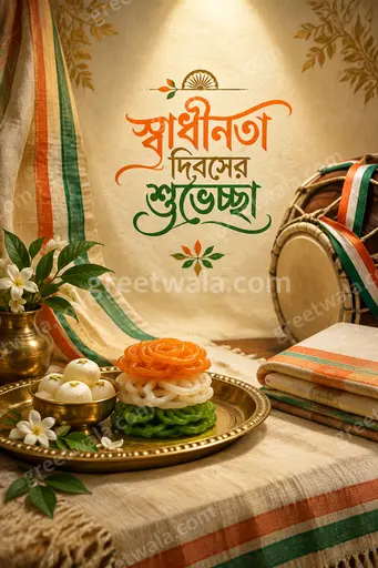 Elegant tricolor-themed premium card displaying 'স্বাধীনতা দিবসের শুভেচ্ছা' with Ashoka Chakra, flag waves, and festive patriotic glow.