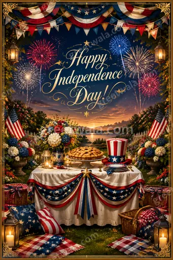 Ornate traditional Independence Day card with tricolor motifs, festive patterns, and Happy Independence Day! in elegant gold lettering.