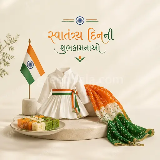 Elegant minimal Independence Day card with soft saffron tones, subtle tricolor accents, and Gujarati greeting સ્વાતંત્ર્ય દિનની શુભકામનાઓ.