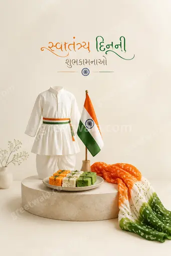 Elegant minimal Independence Day card with tricolor accents, soft festive glow, and graceful Gujarati Shubhkamnayein typography.