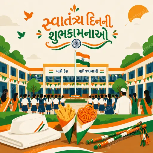 Modern flat vector Independence Day card in Gujarati, saffron white green with Ashoka Chakra, patriotic pride displaying 'સ્વાતંત્ર્ય દિનની શુભકામનાઓ'.