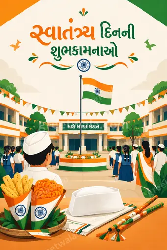 Cheerful modern flat-vector Independence Day card in tricolor tones with Ashoka Chakra proudly displaying સ્વાતંત્ર્ય દિનની શુભકામનાઓ.