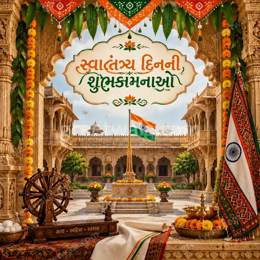 Ornate traditional Independence Day card in saffron, white and green with Ashoka Chakra, proudly displaying 'સ્વાતંત્ર્ય દિનની શુભકામનાઓ'.