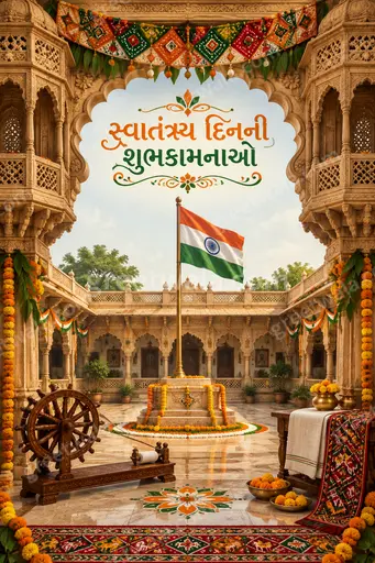 Ornate traditional tricolor Independence Day card with patriotic festive glow displaying 'સ્વાતંત્ર્ય દિનની શુભકામનાઓ' elegantly.
