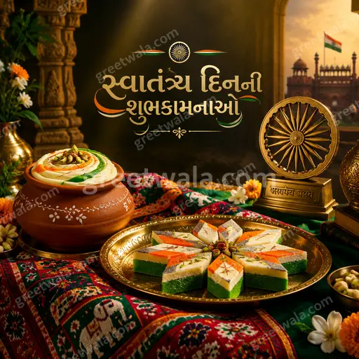 Premium Independence Day card displaying સ્વાતંત્ર્ય દિનની શુભકામનાઓ with tricolor elegance, festive pride and graceful patriotic charm.