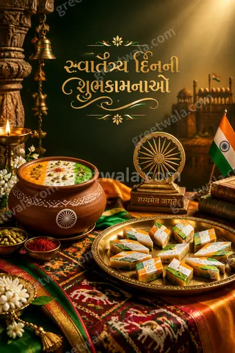 Premium tricolor Independence Day card displaying 'સ્વાતંત્ર્ય દિનની શુભકામનાઓ' with Ashoka Chakra, elegant festive patriotic grandeur.