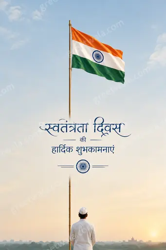 Elegant minimal Independence Day card displaying 'स्वतंत्रता दिवस की हार्दिक शुभकामनाएं' with calm tricolor grace.