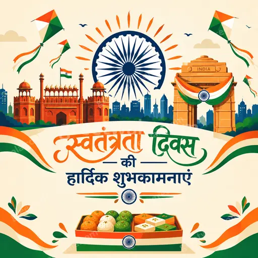 Modern flat vector card with saffron white green theme and joyful patriotic pride featuring Hindi Independence Day wishes.
