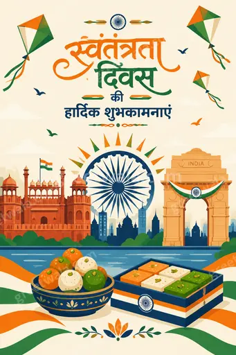 Modern flat vector card in saffron white green with Ashoka Chakra, fireworks, proudly displaying Hindi wishes in joyful patriotic mood.