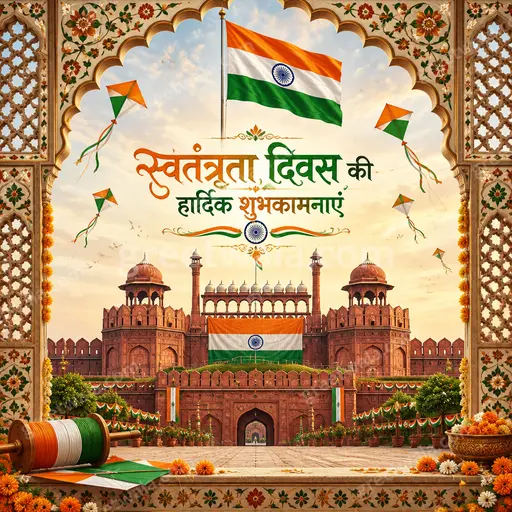 Ornate traditional card radiating patriotic pride with tricolor motifs, elegant decor, featuring 'स्वतंत्रता दिवस की हार्दिक शुभकामनाएं' warmly.