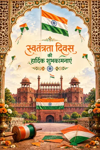 Ornate traditional Independence Day card with tricolor hues, festive motifs, and Hindi greeting radiating patriotic pride and warmth.