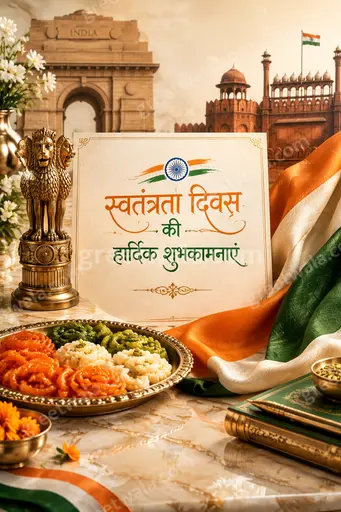 Premium patriotic card glowing in saffron, white and green with Ashoka Chakra, featuring 'स्वतंत्रता दिवस की हार्दिक शुभकामनाएं' in gold.