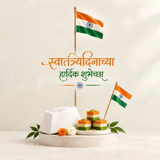 Elegant minimal Independence Day card displaying 'स्वातंत्र्यदिनाच्या हार्दिक शुभेच्छा' with tricolor accents, serene patriotic mood and refined festive grace.