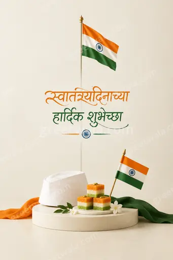 Elegant minimal Independence Day card in soft saffron tones showing 'स्वातंत्र्यदिनाच्या हार्दिक शुभेच्छा' with graceful festive calm.
