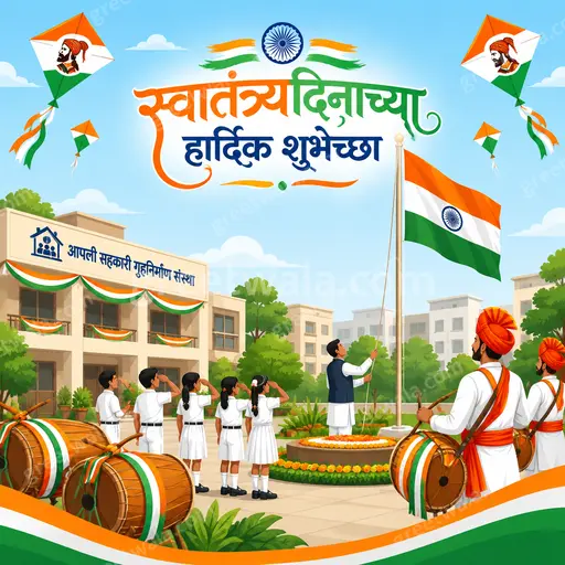 A flat vector modern card with tricolor hues and Ashoka Chakra, proudly displaying 'स्वातंत्र्यदिनाच्या हार्दिक शुभेच्छा' in festive patriotic mood.