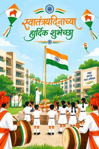 Modern flat vector card with tricolor hues and joyful patriotic mood displaying स्वातंत्र्यदिनाच्या हार्दिक शुभेच्छा greeting.
