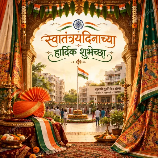 Ornate traditional Independence Day card displaying "स्वातंत्र्यदिनाच्या हार्दिक शुभेच्छा" with tricolor elegance, patriotic pride and festive warmth.