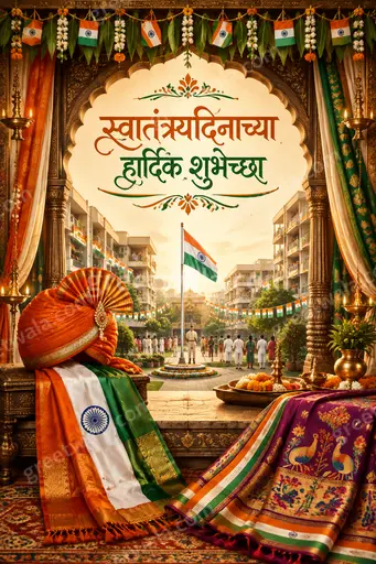 Ornate traditional Independence Day card displaying 'स्वातंत्र्यदिनाच्या हार्दिक शुभेच्छा' with tricolor flags, festive patriotic grandeur.
