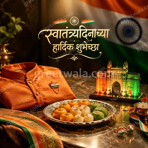 Premium tricolor Marathi Independence Day card featuring 'स्वातंत्र्यदिनाच्या हार्दिक शुभेच्छा' with proud patriotic elegant festive grandeur.