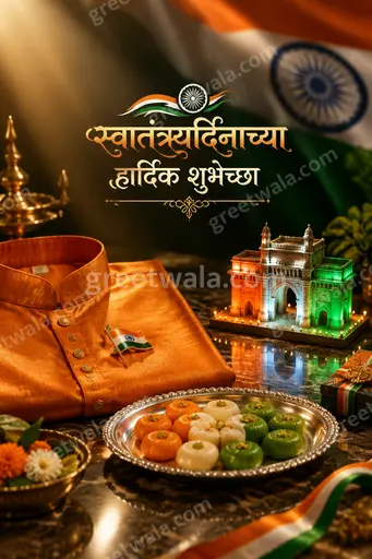 Premium Marathi Independence Day card showing स्वातंत्र्यदिनाच्या हार्दिक शुभेच्छा with glowing tricolor, Ashoka Chakra, and proud festive elegance.