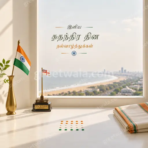 Elegant minimal Independence Day card in Tamil with soft tricolor glow, serene patriotic warmth and graceful festive simplicity.
