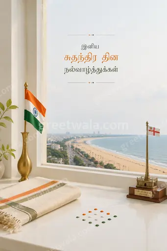 Elegant minimal Tamil Independence Day card with soft tricolor accents, graceful typography and calm patriotic mood.