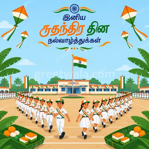 Cheerful modern flat vector Independence Day card featuring Tamil greeting with tricolor flags, joyful patriotic festive spirit.