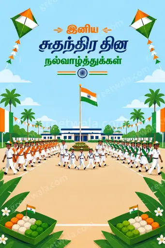 Modern flat vector card with joyful patriotic tricolor style featuring 'இனிய சுதந்திர தின நல்வாழ்த்துக்கள்' greeting.