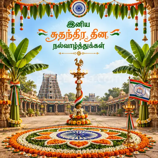 Ornate traditional Independence Day card with warm patriotic glow, elegant Tamil typography, tricolor accents and festive grandeur.
