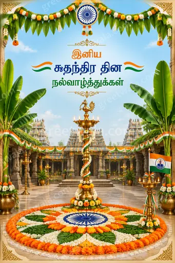 Ornate traditional Independence Day card glowing with tricolor hues, proudly displaying இனிய சுதந்திர தின நல்வாழ்த்துக்கள் in elegant festive style.
