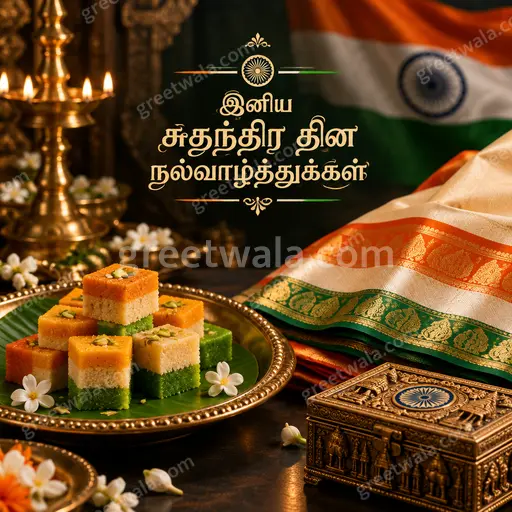 Premium showcase card displaying 'இனிய சுதந்திர தின நல்வாழ்த்துக்கள்' with tricolor elegance, proud patriotic warmth and festive grandeur.