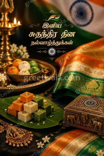 Premium Tamil Independence Day card displaying 'இனிய சுதந்திர தின நல்வாழ்த்துக்கள்' with tricolor elegance and proud festive spirit.
