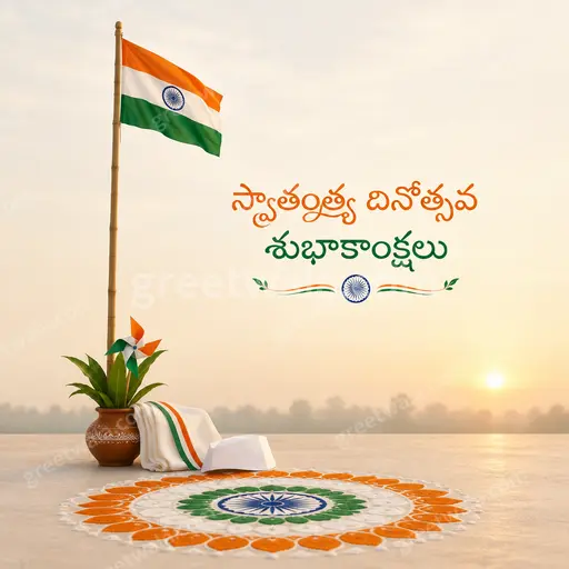 Elegant minimal tricolor card with calm festive mood featuring 'స్వాతంత్ర్య దినోత్సవ శుభాకాంక్షలు' in graceful Telugu typography.