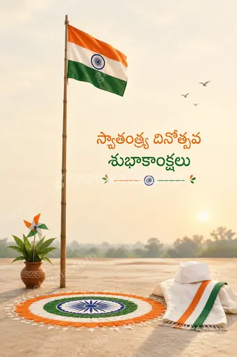 Elegant minimal Independence Day card with soft tricolor accents, graceful Telugu typography conveying proud festive patriotism.