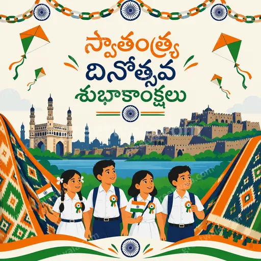 Modern flat vector card radiates patriotic pride with vibrant tricolor motifs, festive lights, and elegant Telugu Independence Day wishes.