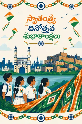 Cheerful modern flat vector Independence Day card displaying Telugu greeting with vibrant tricolor flags and festive pride.