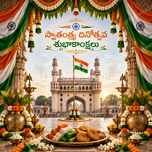 Ornate traditional Independence Day card glowing with tricolor pride, festive elegance, and Telugu greeting Swatantrya Dinotsava Shubhakankshalu in golden script.