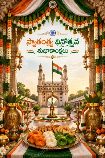 Ornate traditional Independence Day card with tricolor motifs, elegant floral borders, and warm patriotic festive spirit in Telugu style.