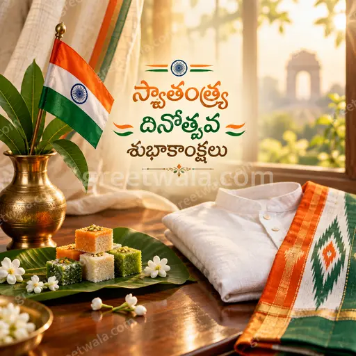 Premium Independence Day card displaying 'స్వాతంత్ర్య దినోత్సవ శుభాకాంక్షలు' with tricolor elegance, patriotic pride, and festive grandeur.