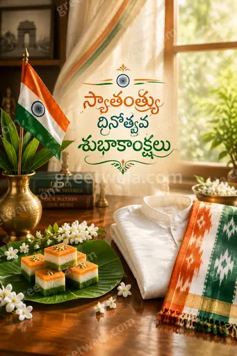 Premium Independence Day card with glowing Telugu wishes over tricolor flag, radiating proud patriotic celebration and elegant festive grandeur.